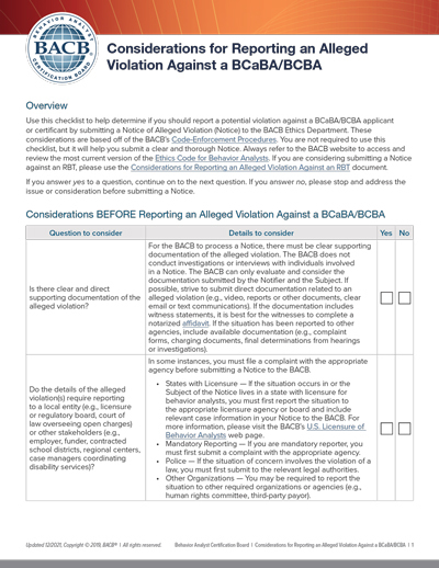 Considerations for Reporting a Notice of Alleged Violation against a BCBA, BCaBA, or BCBA-D (PDF)