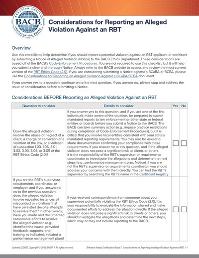 Considerations for Reporting a Notice of Alleged Violation against an RBT