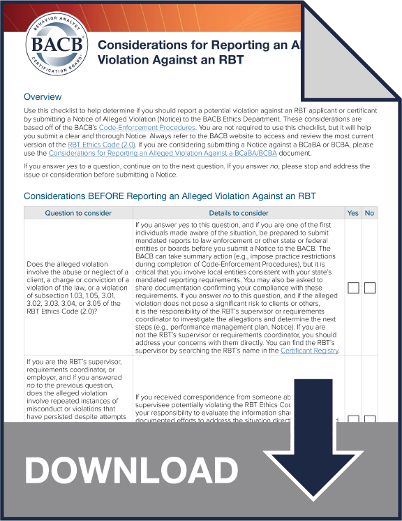 Considerations for Reporting a Notice of Alleged Violation against an RBT