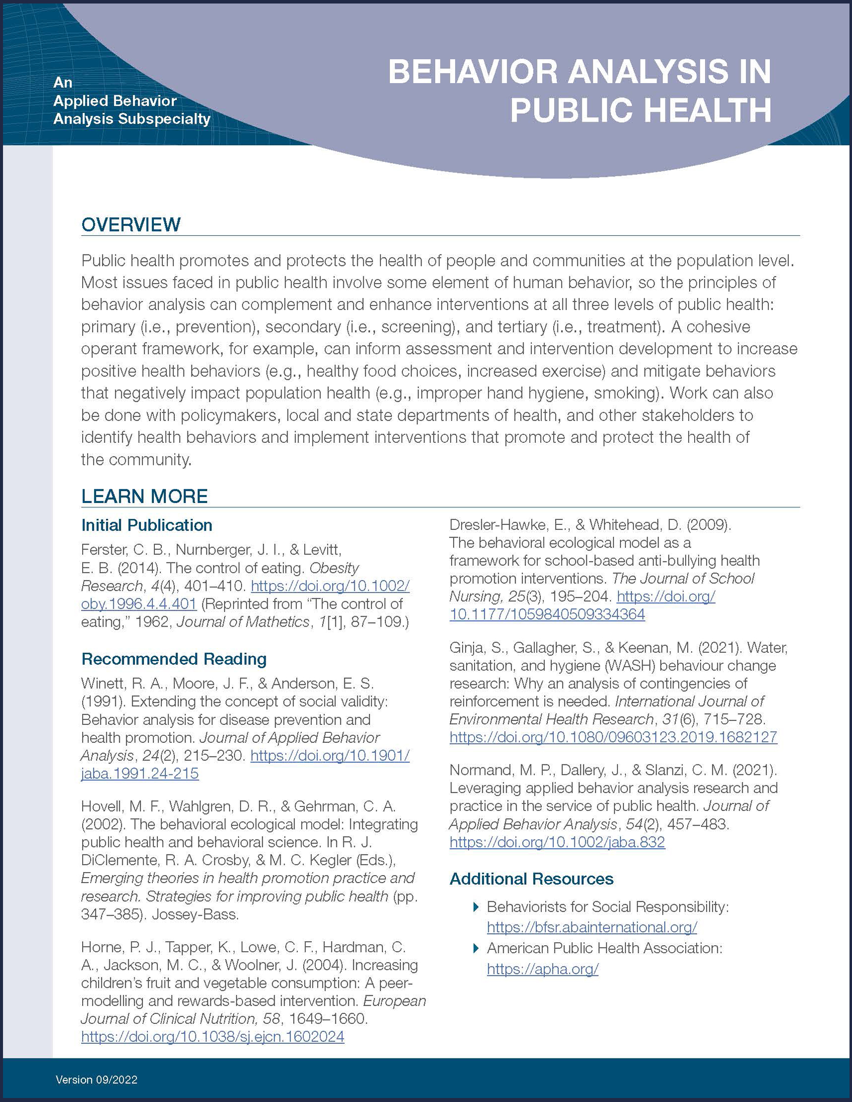Behavior Analysis in Public Health Subspecialty Fact Sheet thumbnail