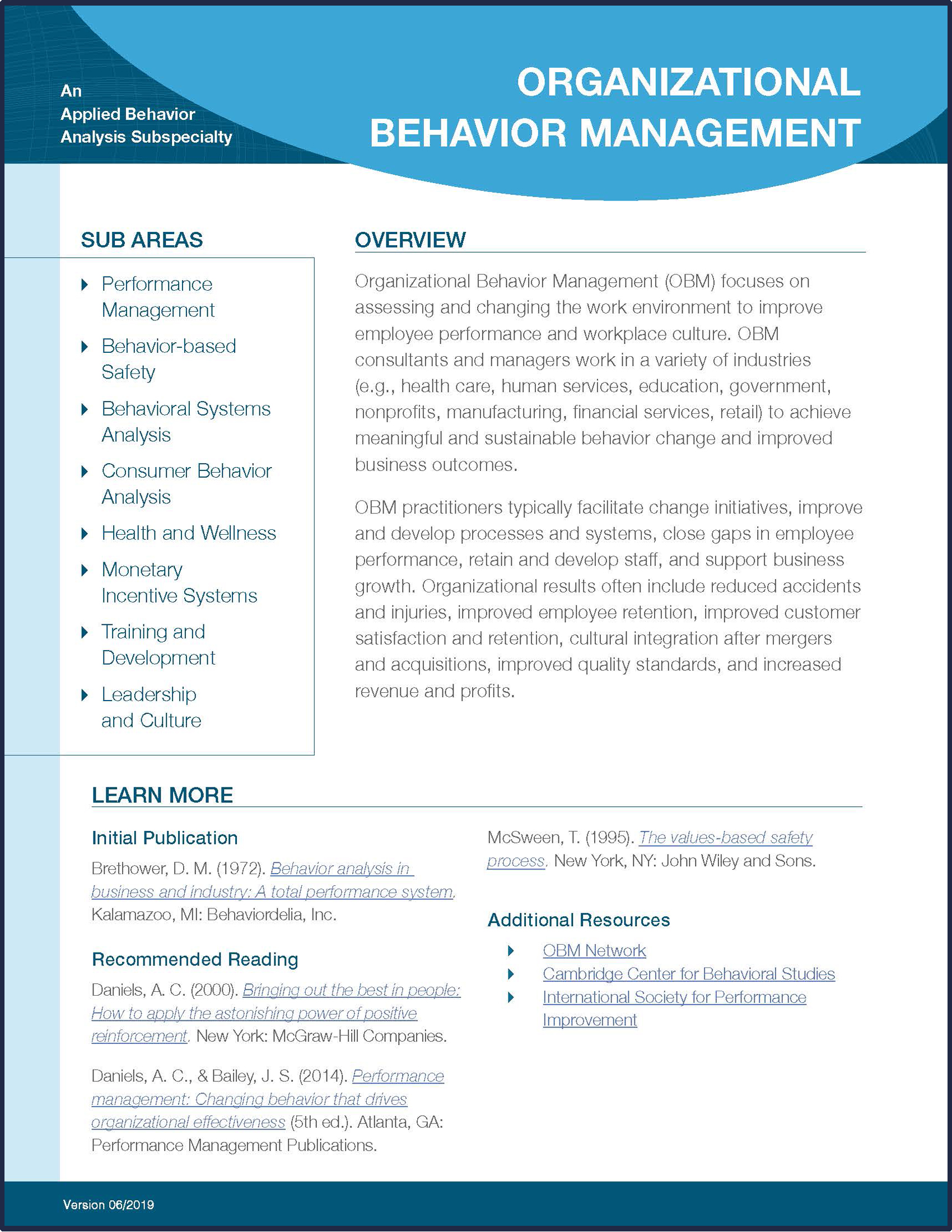 Organizational Behavior Management Subspecialty Fact Sheet thumbnail