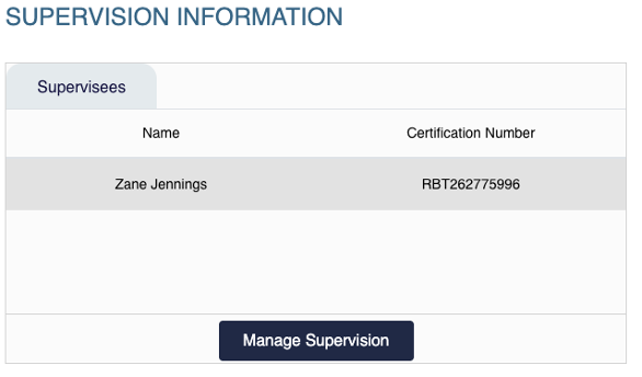 Supervision Information widget showing a list of supervisees with names, certification numbers, and Manage Supervision button.