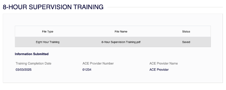 8-Hour Supervision Training page showing uploaded training file with saved status and completion details.
