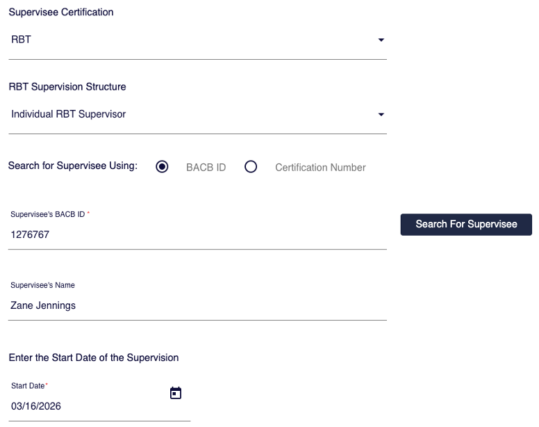 Add New Supervision Relationship form with fields for supervisee certification, search by BACB ID, and start date, and Search for Supervisee button.