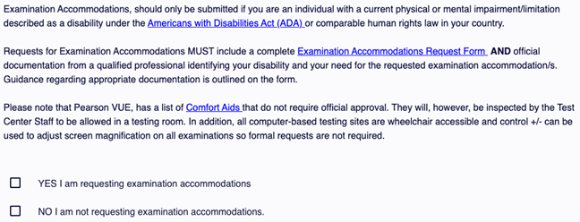 Examination accommodations section with instructions, links to request form, and Yes and No options for requesting accommodations, with No selected.