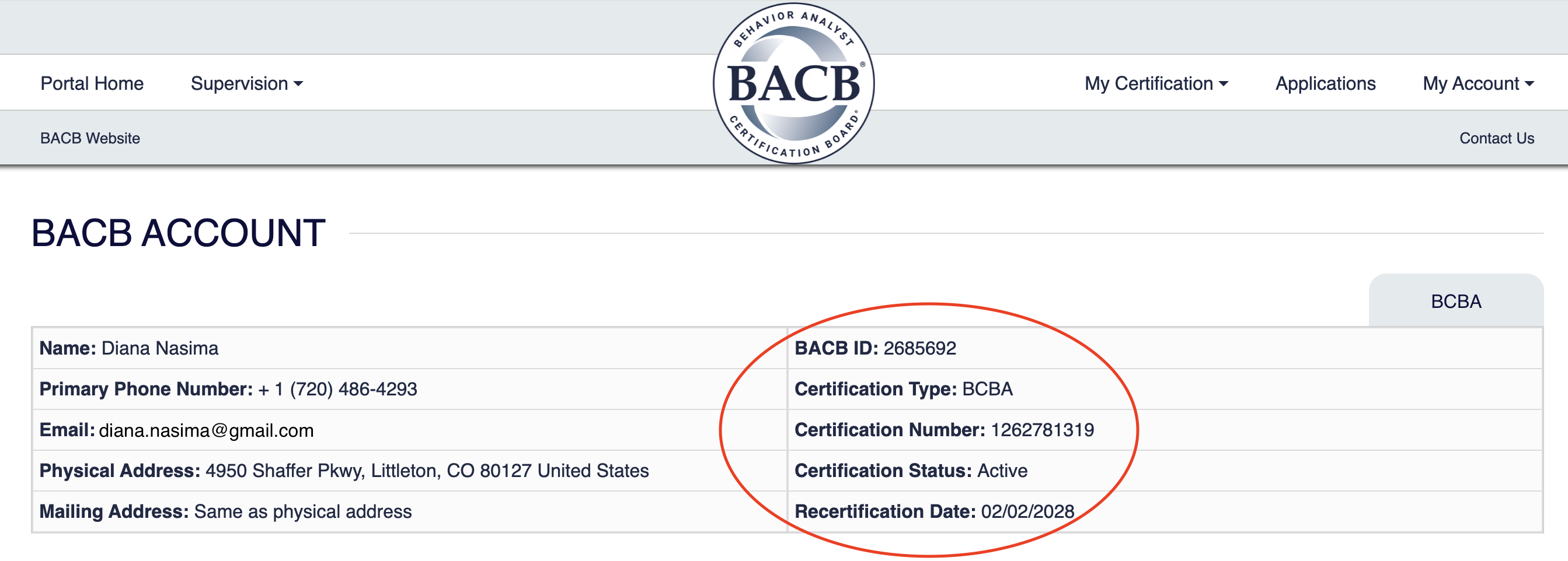 BACB Account page showing certification details including BACB ID, certification type, certification number, status, and recertification date highlighted.