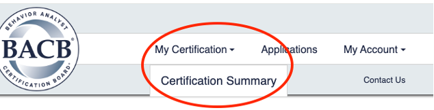 Top navigation bar with My Certification menu open and Certification Summary option highlighted.