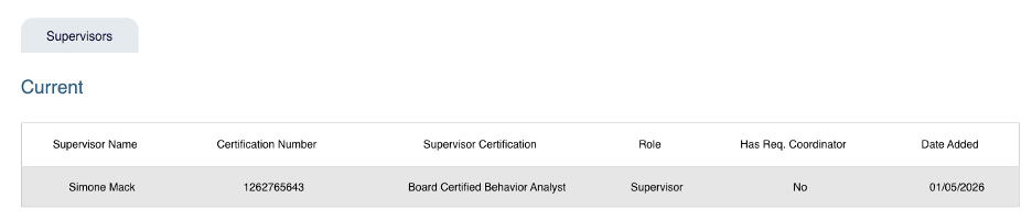 Supervision details page showing current supervisor information including certification number, role, and date added.