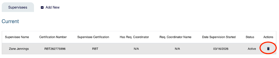 Supervision page with Supervisees list showing certification details and trashcan delete action icon highlighted in the Actions column.