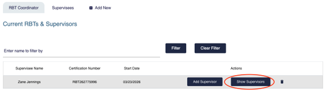 Supervision page showing Current RBTs and Supervisors list with Show Supervisors button highlighted in the Actions column.