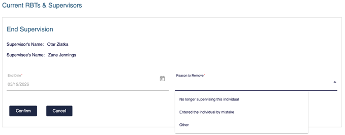 Supervision page with expanded supervisor details showing supervisor name, certification number, and delete icon highlighted in the Actions column.