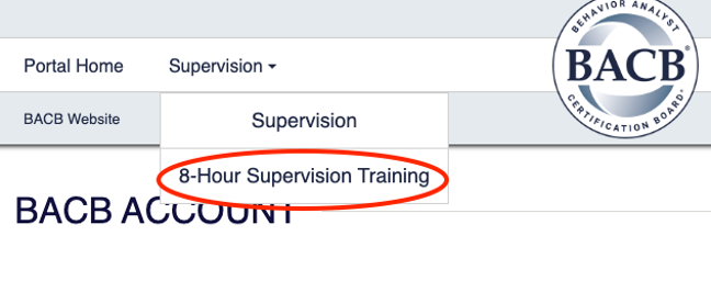 Supervision menu with 8-hour Supervision Training option highlighted.