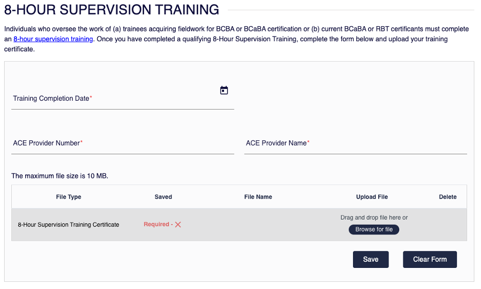 8-hour Supervision Training form with fields for training details and file upload section, including Save button.