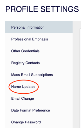 Profile Settings page with Name Updates option highlighted in the left-hand menu.