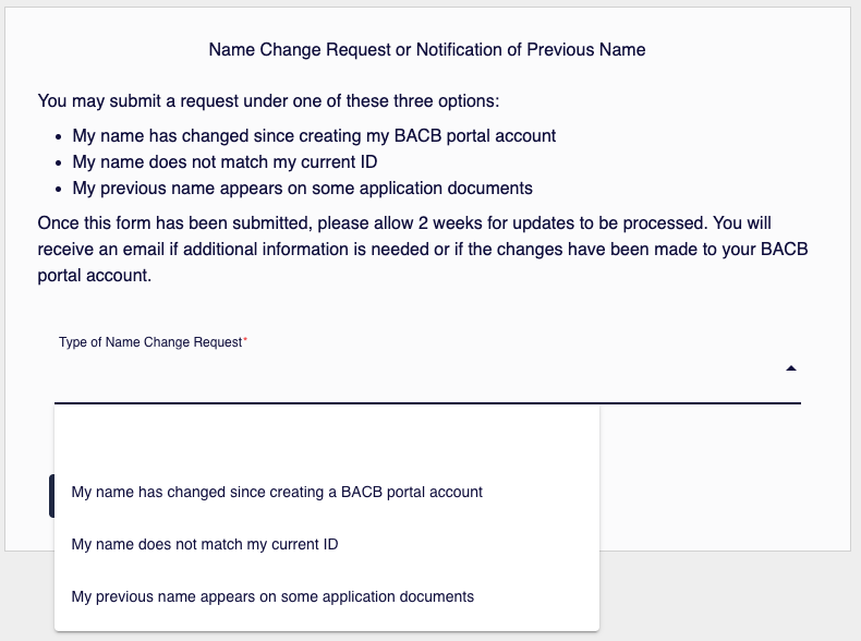 Name Change Request screen with dropdown options for selecting the reason for a name change.