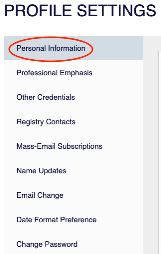 Profile Settings page with Personal Information option highlighted in the left-hand menu.