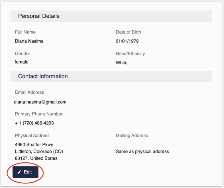 Personal Details and Contact Information screen with Edit button highlighted.