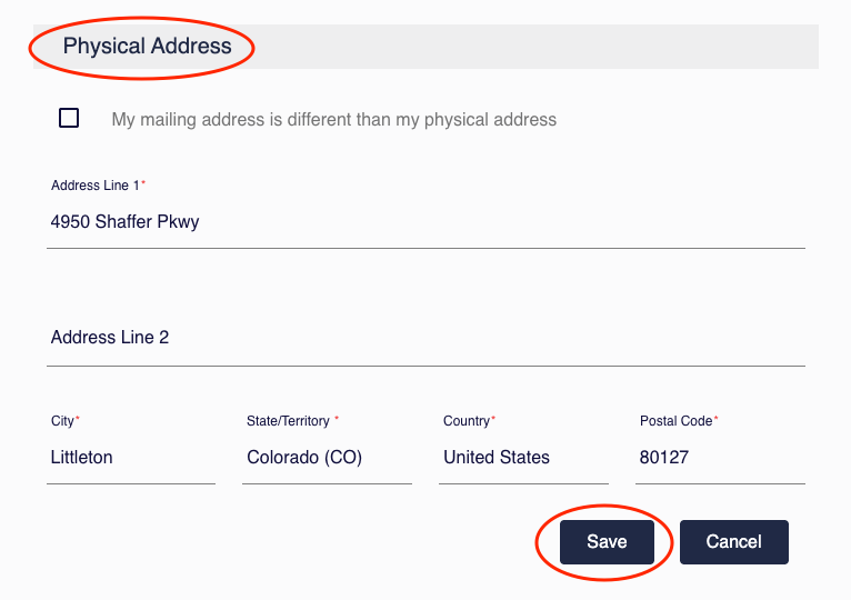 Personal Information form showing Physical Address section and Save button highlighted.