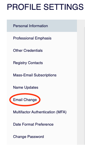 Profile Settings page showing Email Change option selected in left navigation