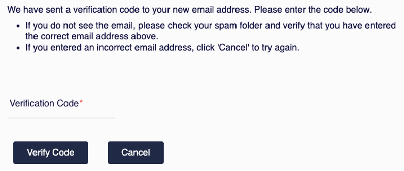 Verification screen with instructions, a required Verification Code input field, and Verify Code and Cancel buttons.