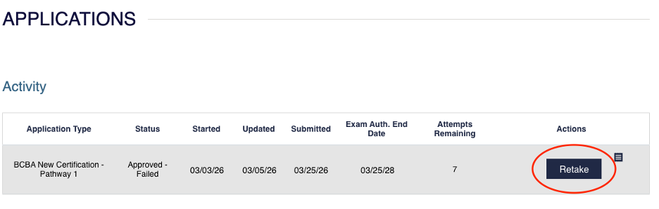 Applications page showing exam application with Retake button highlighted in the Actions column.