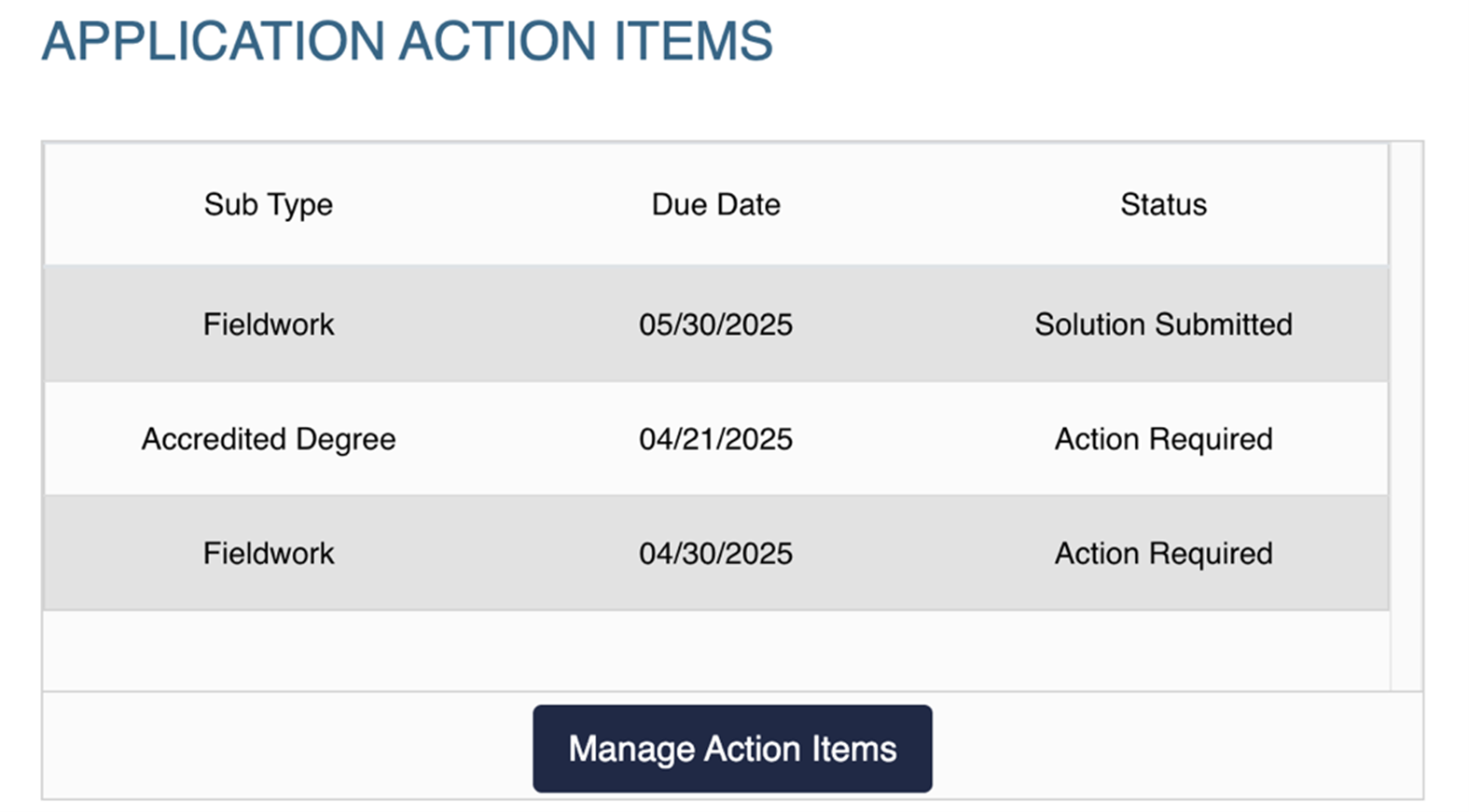 Application Action Items widget showing a table of items with sub type, due date, and status, and a Manage Action Items button.