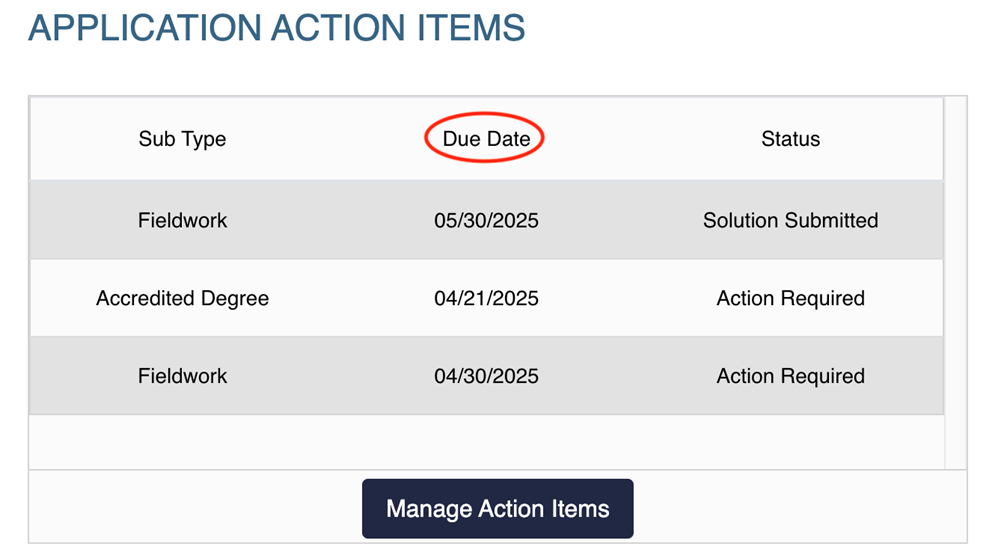 Application Action Items table with the Due Date column highlighted.