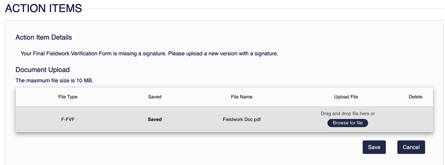 Action item details screen with instructions and a document upload section, including file upload control and Save button.