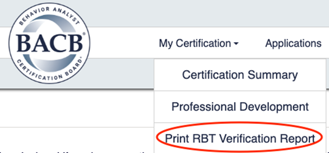 My Certification menu with Print Verification Report option highlighted.