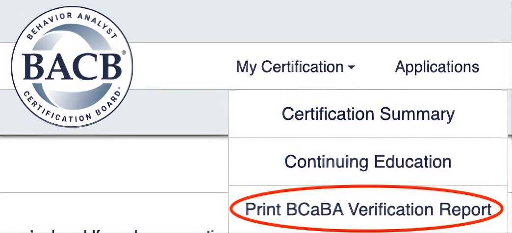 My Certification menu with Print Verification Report option highlighted.