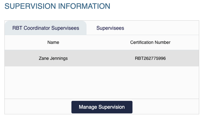 Supervision Information widget with RBT Coordinator Supervisees tab showing supervisee name and certification number, and Manage Supervision button.