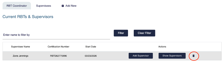 Supervision page showing Current RBTs and Supervisors list with trashcan delete icon highlighted in the Actions column.