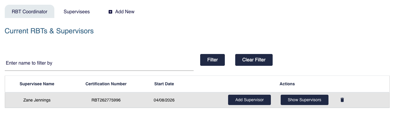 RBT Coordinator view showing a table of current RBTs with filter options and a “Show Supervisors” action button.