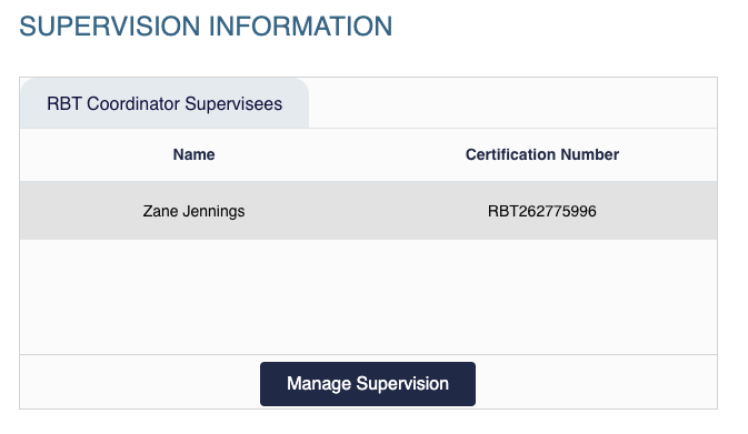 Supervision Information section listing one supervisee with certification number and a “Manage Supervision” button.
