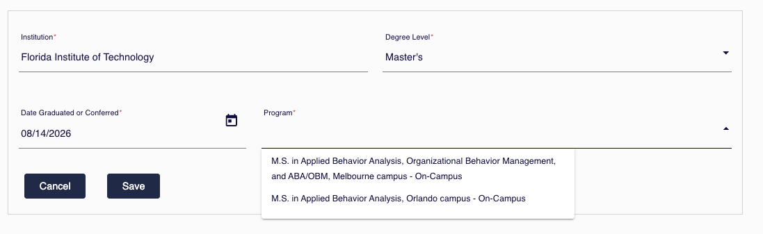 Pathway 1 education entry showing a drop-down menu for selecting an eligible ABAI-accredited or -recognized degree program.
