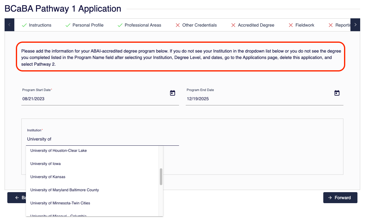 BCaBA Pathway 1 application showing a drop-down menu for selecting an institution with an eligible ABAI-accredited degree program.