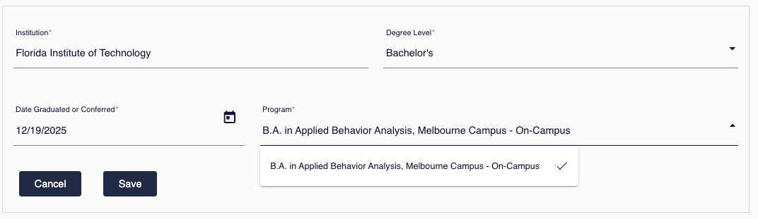 BCaBA Pathway 1 education entry showing the drop-down menu used to select an eligible ABAI-accredited bachelor’s degree program.