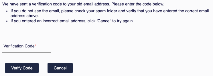 Verification screen with instructions, a required Verification Code input field, and Verify Code and Cancel buttons.